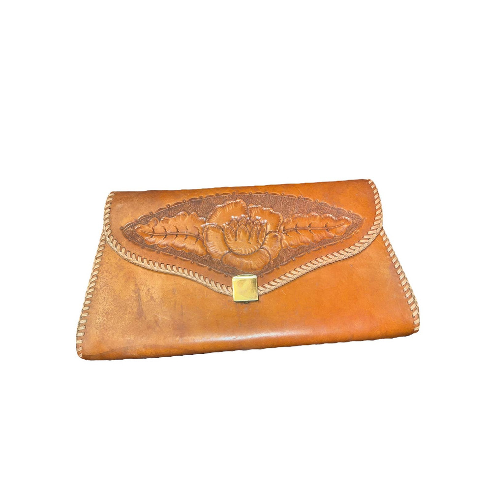 Brown Leather Floral Clutch‎ Purse